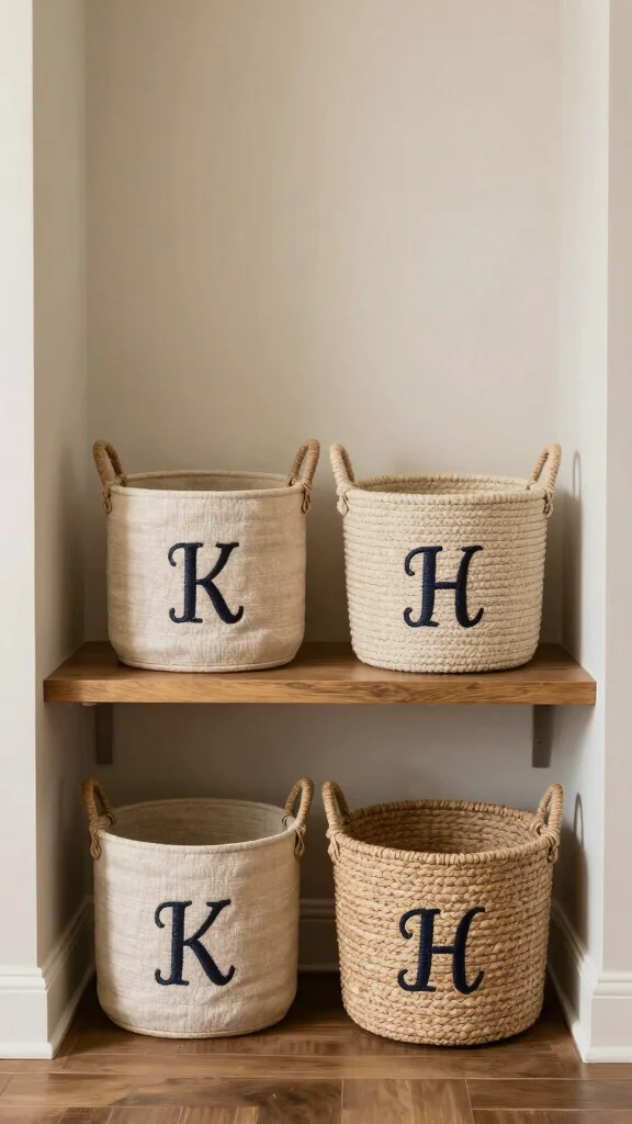 13 Shelf Basket Ideas for a Tidy Curated Storage Display - 13. Personalized Baskets with Monograms 1