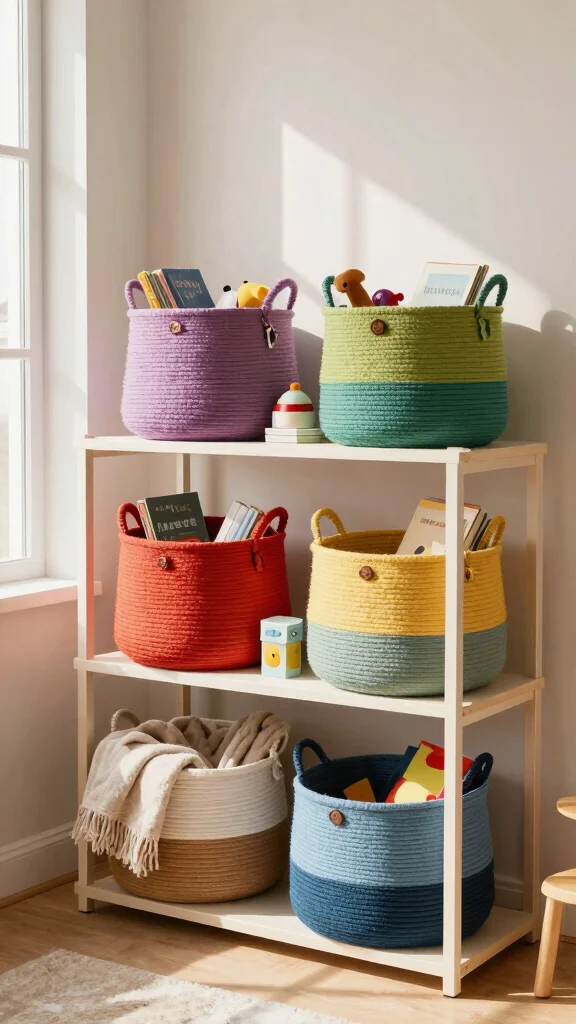 13 Shelf Basket Ideas for a Tidy Curated Storage Display - 3. Colorful Cotton Rope Baskets 1