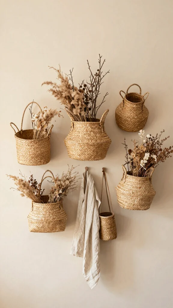 13 Wall Basket Ideas for Decorative Space-Saving Display - 8. Natural Element Integration 1
