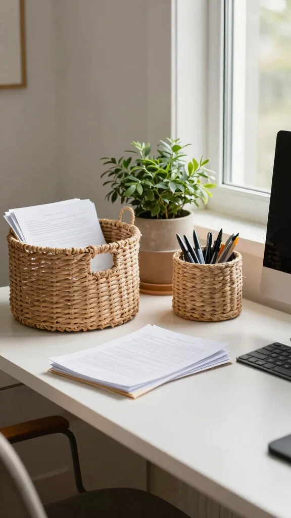 13 Woven Basket Ideas for Storage and Decor That Add Natural Texture - 10. Home Office Organization 1